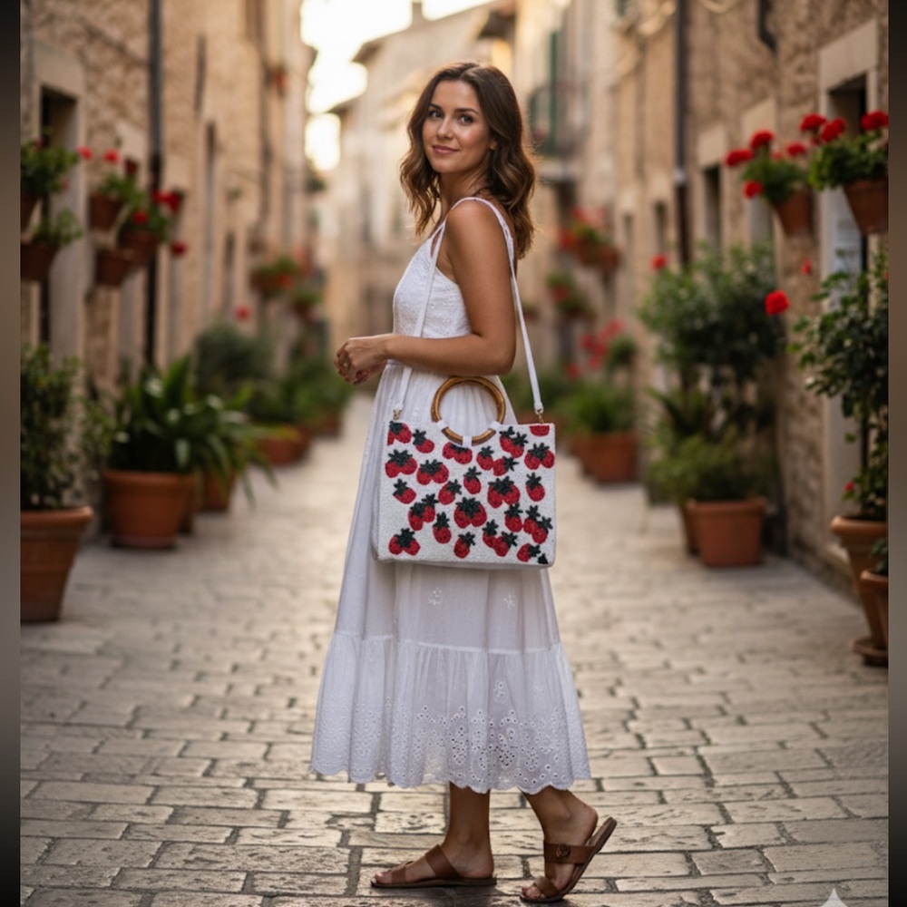 NWT White and Red Beaded Strawberries Bamboo Handles Crossbody Bag